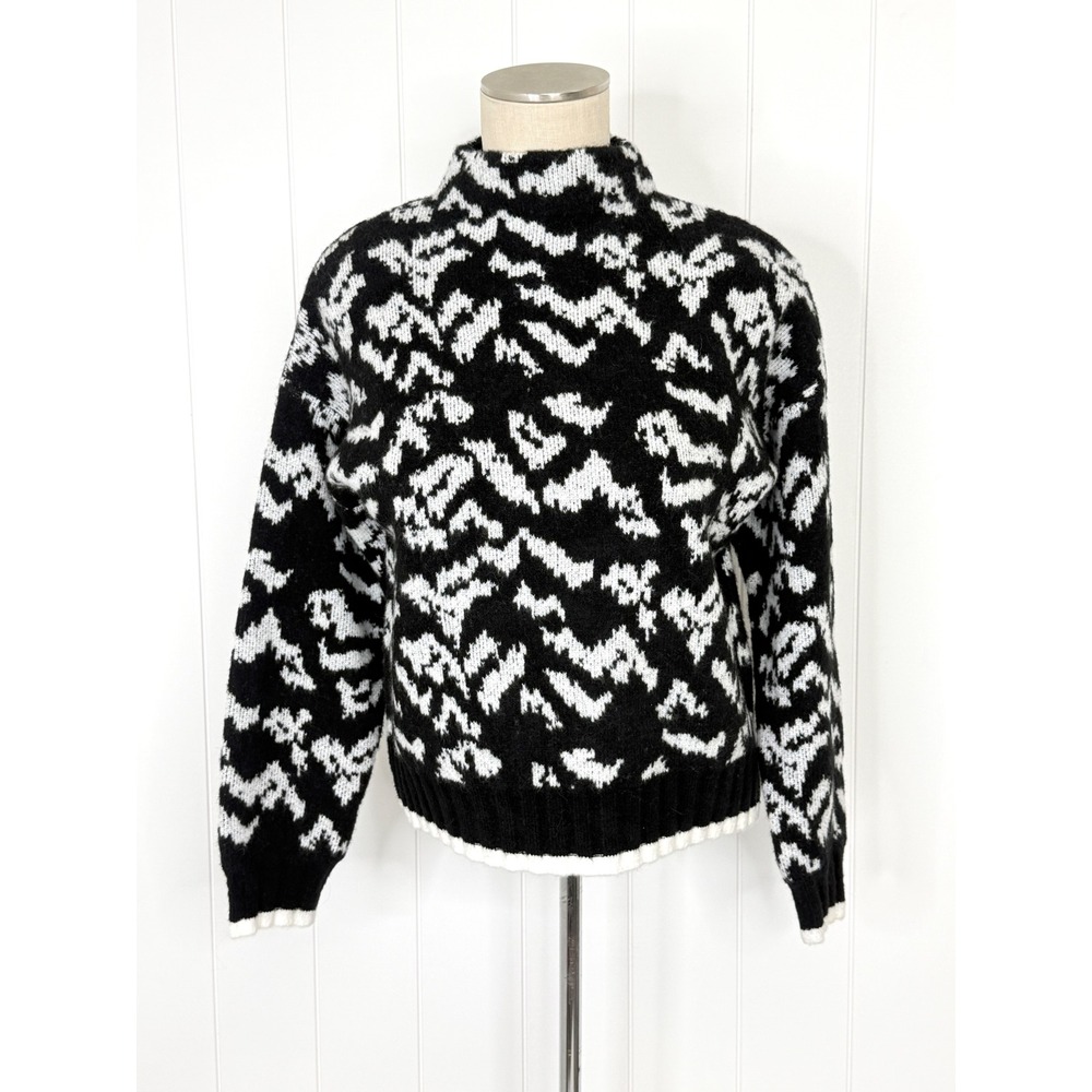 AQUA Abstract Print Mock Neck Sweater NWT Women XS Black White Intarsia Knit